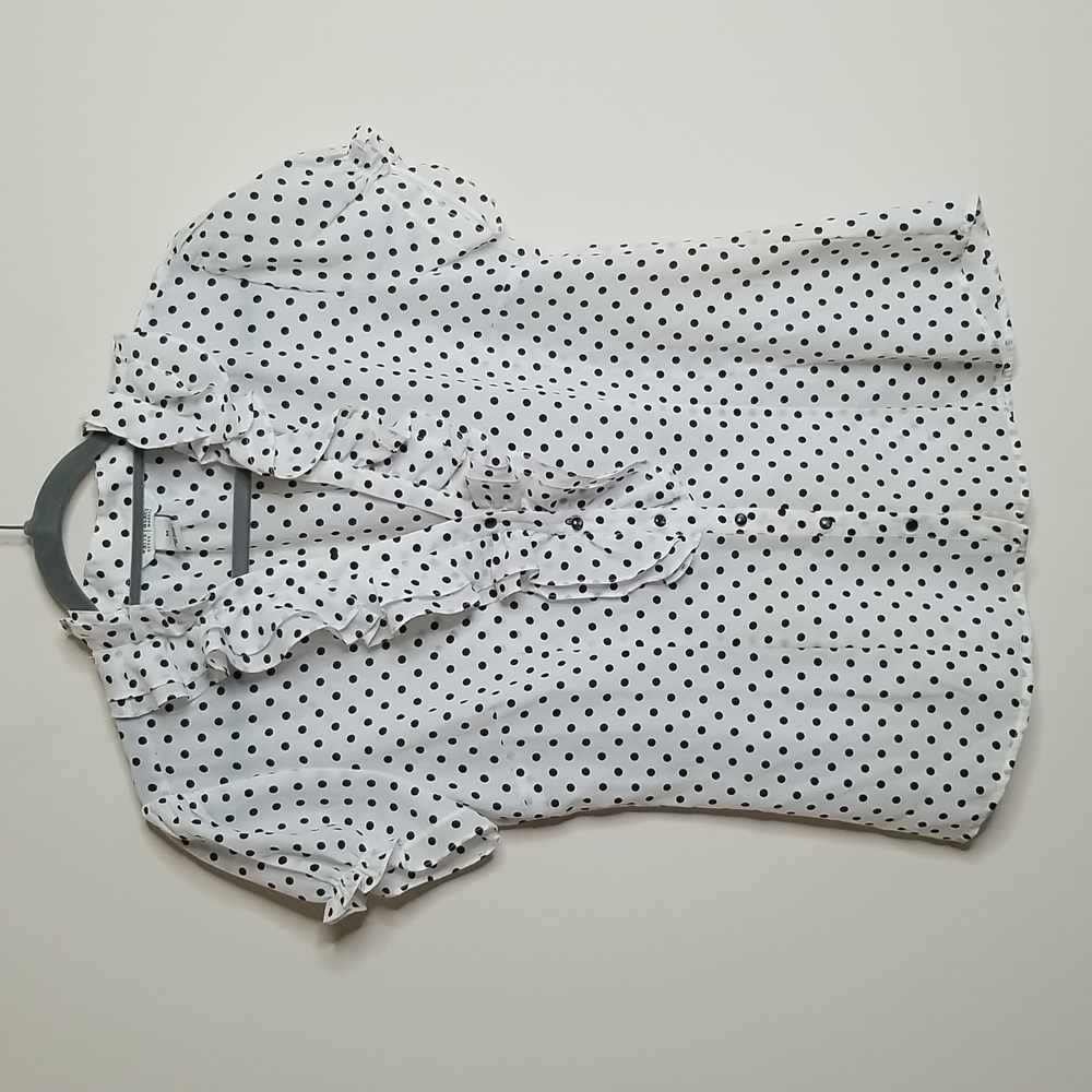 WHBM Black Polka Dot Ruffle Front Top M